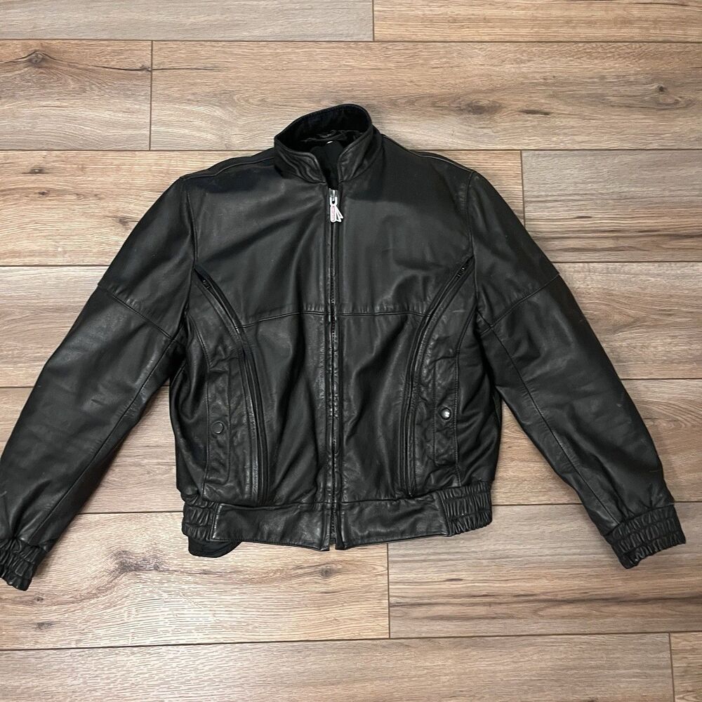 First Gear Hein Gericke Black Leather Motorcycle Zip Up Bomber Jacket Women's M